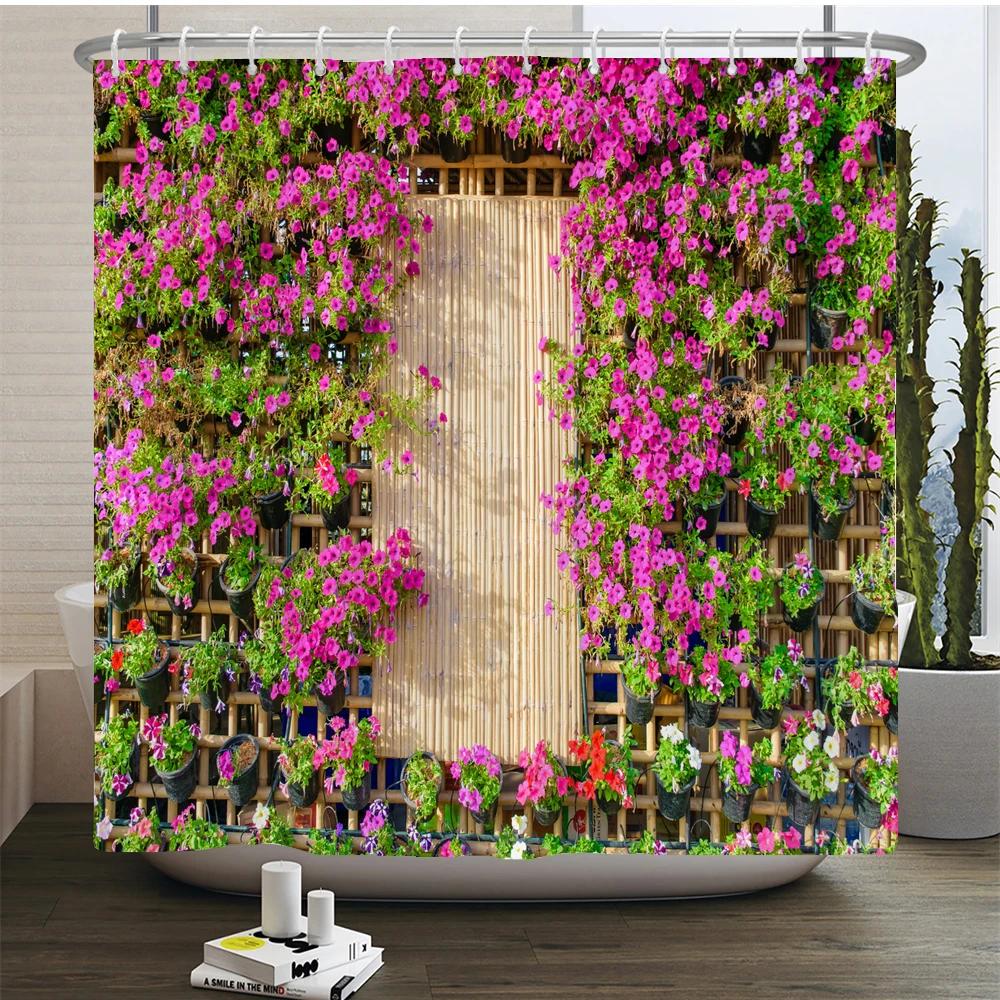 3D Waterproof Fabric Shower Curtains European Style Arched Flower Printed Bath Curtain Large 240X180 With Hooks Bathroom Screen