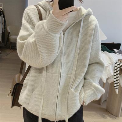 Zippered Hooded Thick Knit Cardigan Women's Sweater Coat