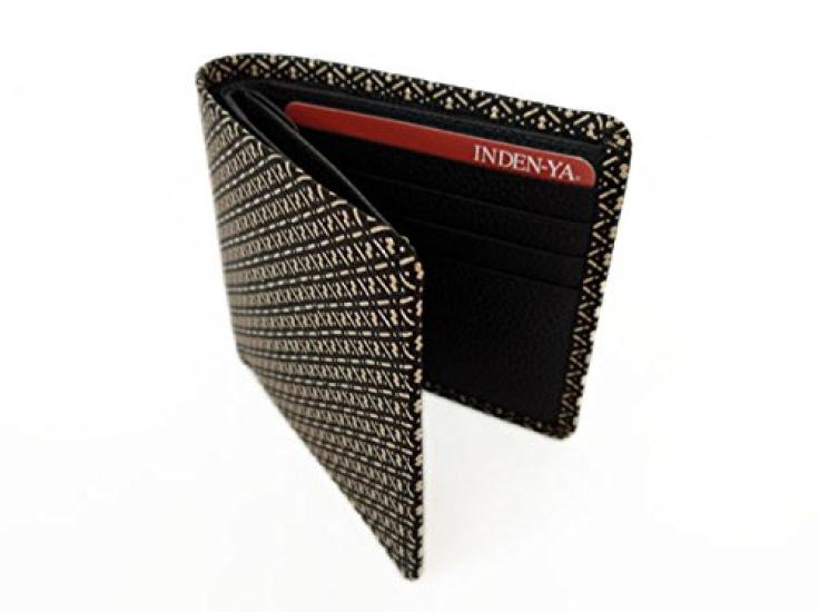 [Inden-ya] Inden Bifold Wallet 2003 Bill Compartment C Black Deerskin with White Lacquer Gourd Pattern
