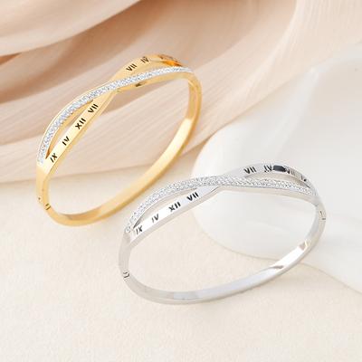 Crossed Roman Numerals Stainless Steel Bracelet Women's Fashion Diamond Gypsy Jewelry