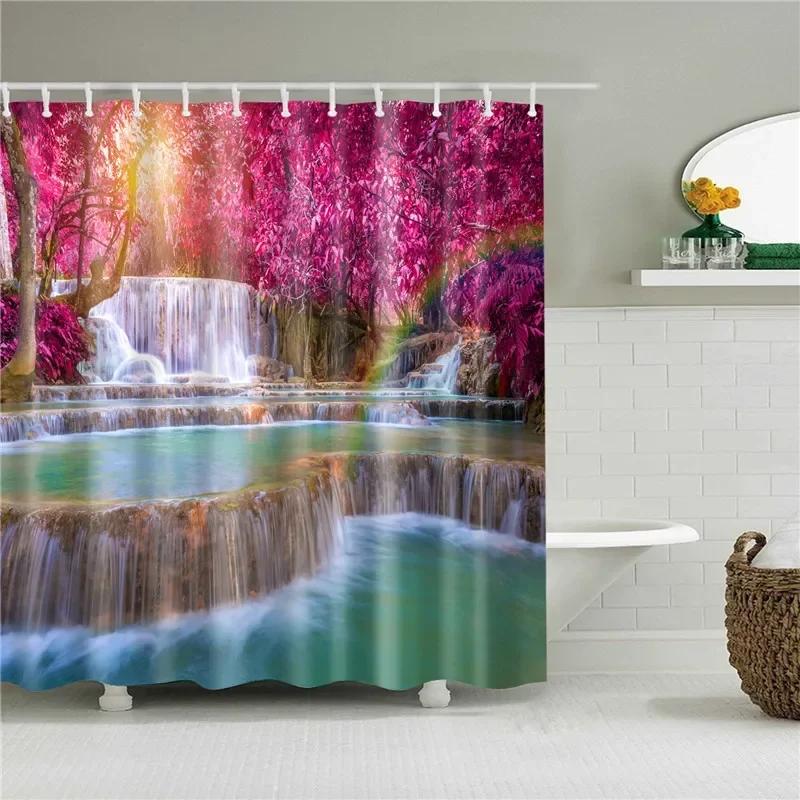 Lotus Buddha Rose Flower Green Leaves Lavender Butterfly Bathroom Accessories Set Shower Curtain with 12 Hooks