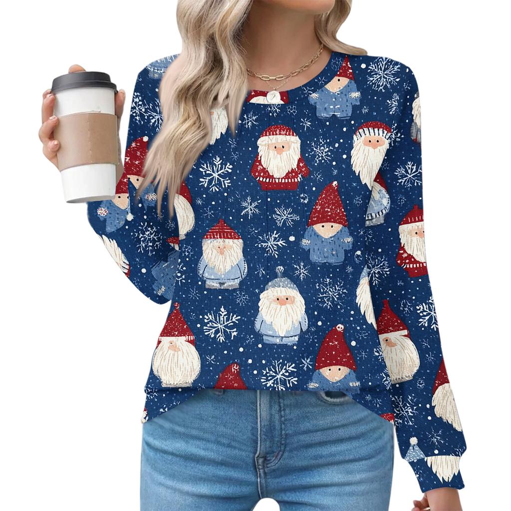 Women's Fashionable Casual Christmas Printed Pleated Comfortable Round Neck Loose Long Sleeve T-Shirt Top