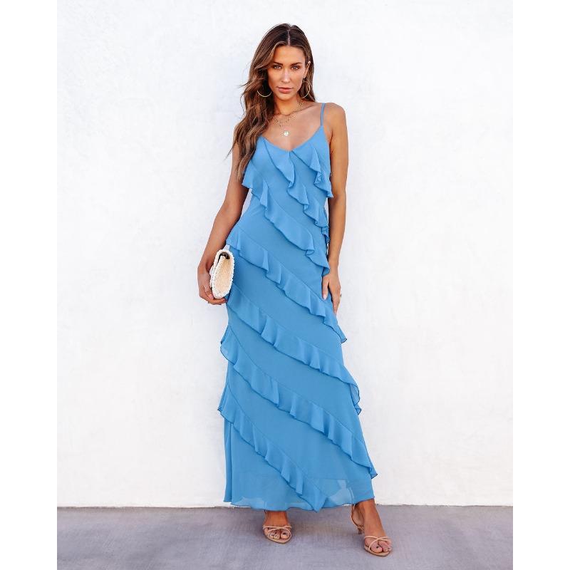 Women's Spring Summer Sexy Backless Halter U Neck Leak Shoulder Wave Slim Side Slit Dress Long Dress
