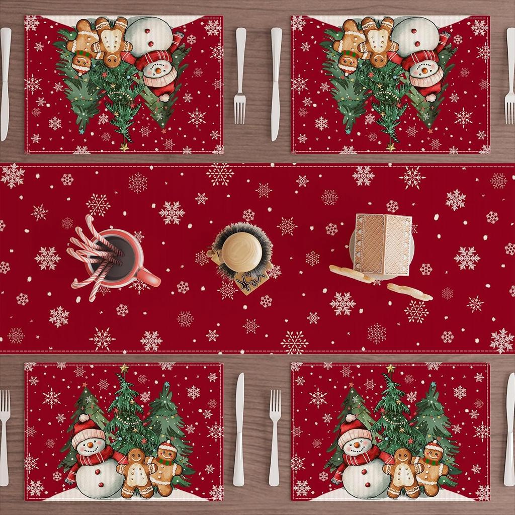 Winter Red Snowman Gingerbread Man Christmas Tree Xmas Placemats Set of 4 Table Mats for Party Home Kitchen Dining Table Decorations 12x18 Inch