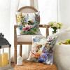 Watercolor Bee And Flowers Cushion Cover Natural Linen Organic Fabric Double-Sided Printing Sofa Home Decor Gift Pillow Cover