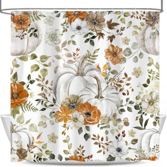 Fall Pumpkin Maple Leaf Shower Curtain, Autumn Thanksgiving Harvest Orange Pumpkin Design Bath Curta for Bathroom, Watercolor Floral Decor Waterproof