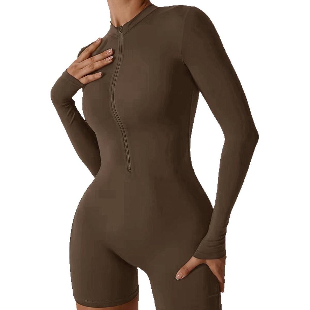 European-American Zipper Long-Sleeve Sexy Tight Jumpsuit - Brushed Nude Yoga Suit