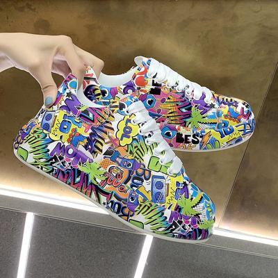 Baskets Casual pour Femmes à la Mode Nouvelles Chaussures de Sport à Lacets Peintes pour Femmes Chaussures de Course Plates en Cuir PU pour Dames