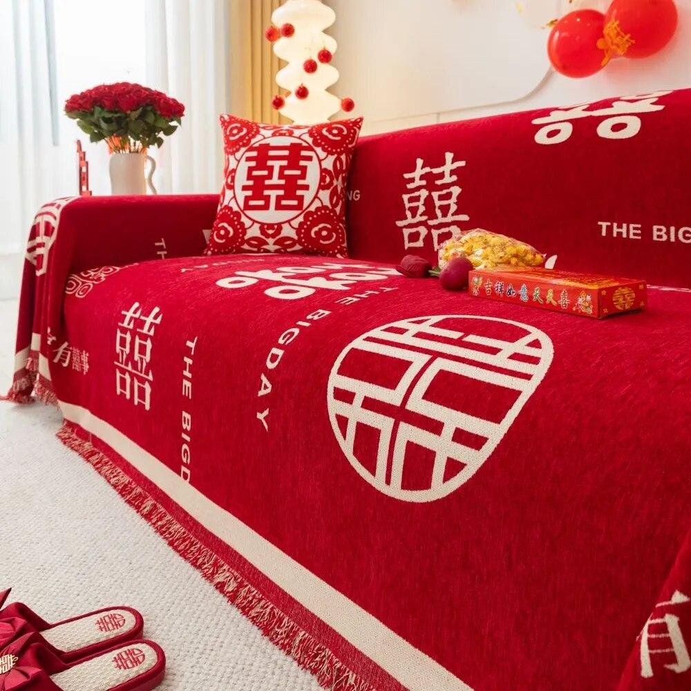 Chinese Wedding Sofa Cushion Cover Double Side Couch Cover Sofa Slipcover Universal Jubilant Anti-cat Sofa Cover 1.2.3.4 Seat