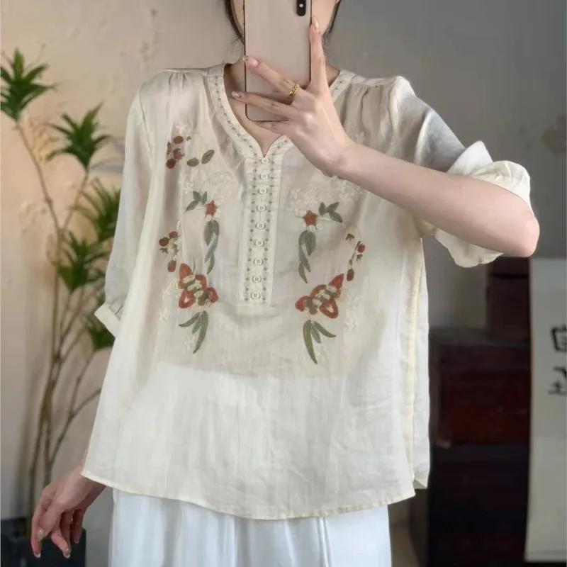 

Johnature Women Embroidery Floral T-Shirts V-Neck Half Sleeve Summer Solid Color Ramie High Quality Women T-Shirts One Size бежевый