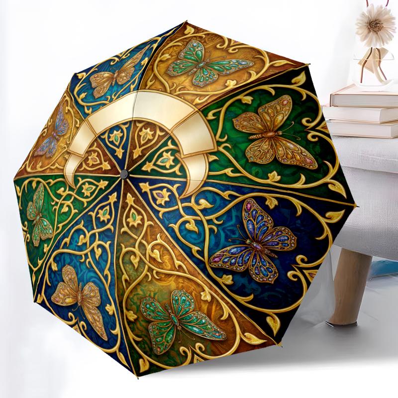 

1pc Sturdy 8-Bone Auto Umbrella, Light Ivory Wildflower Butterfly Meadow Umbrella, Digital Printed, Foldable Umbrella for On-the-Go Outdoor Use