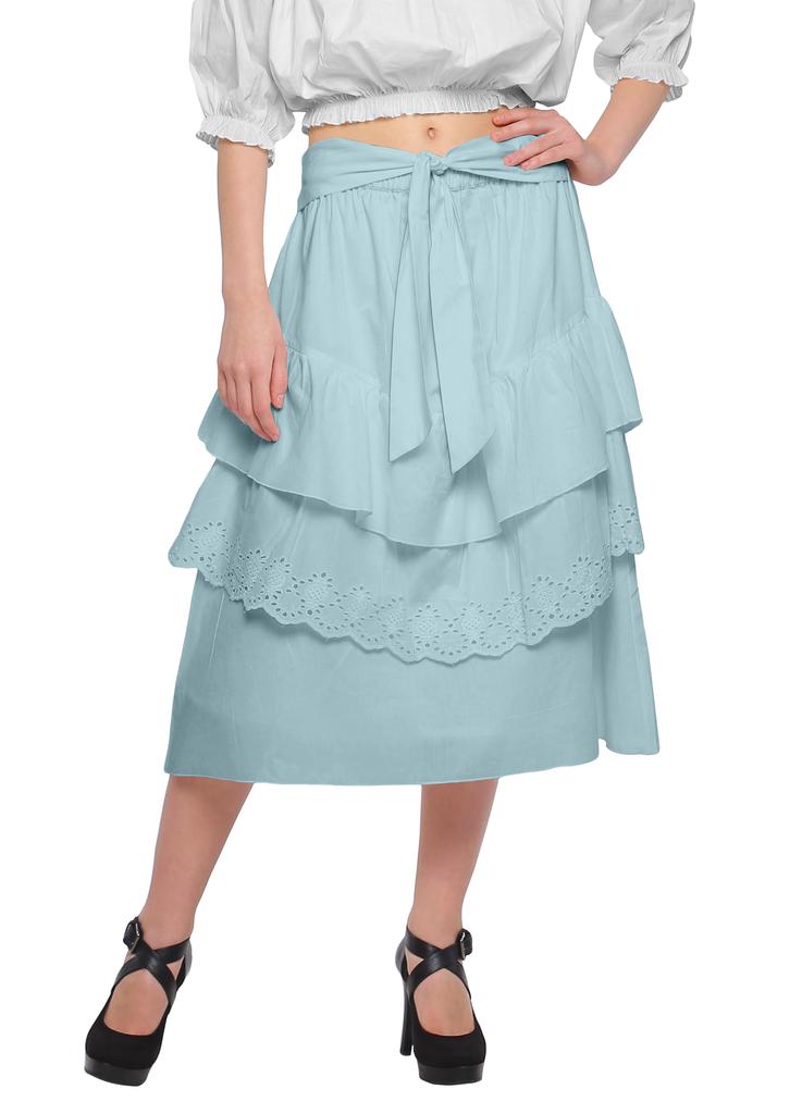 Moomaya Solid Cotton Skirts For Women Knee Length With Lace Belt Ruffle
