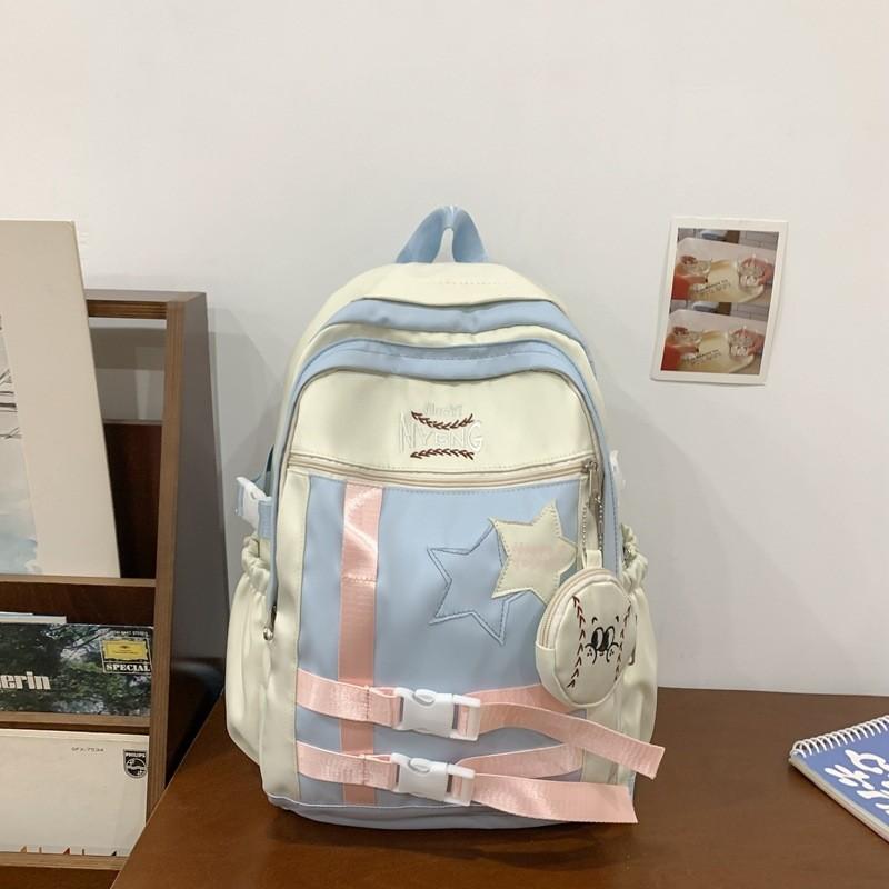 Blocked Fashionable Color Letter Embroidery Star Decoration Student Backpack