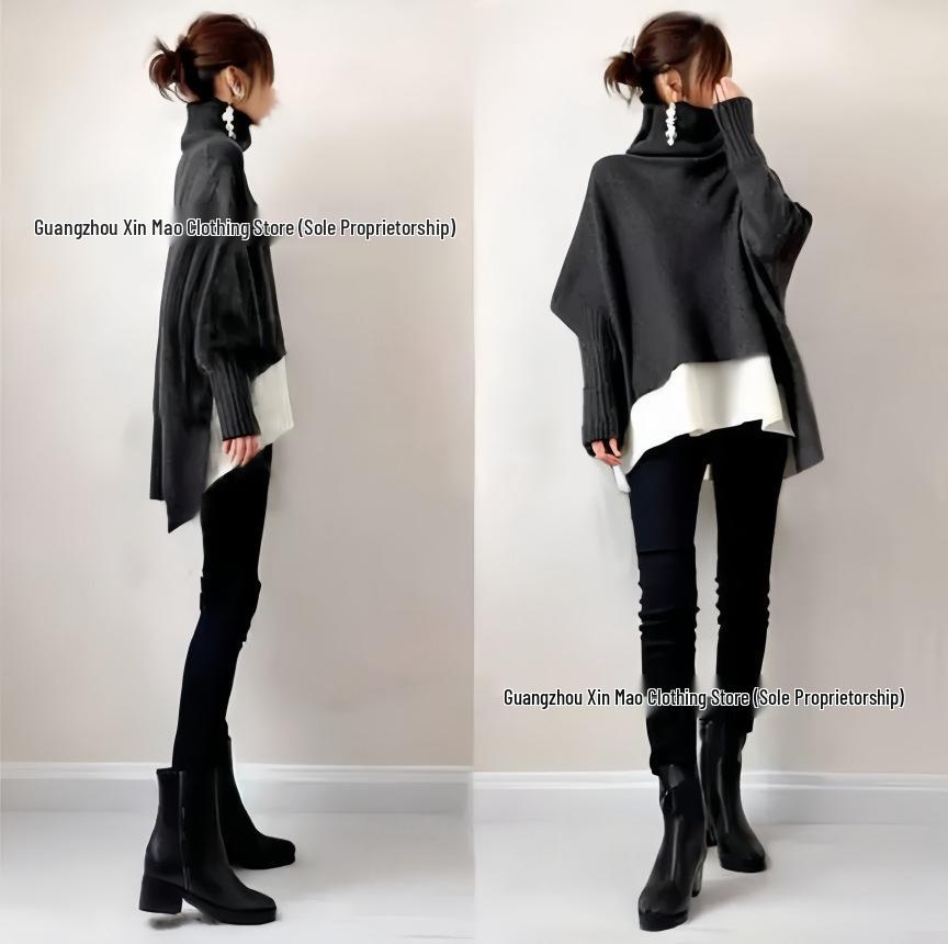 25th Anniversary Women's High-Neck Wool Knit Cape Sweater - Loose & Versatile for Autumn/Winter