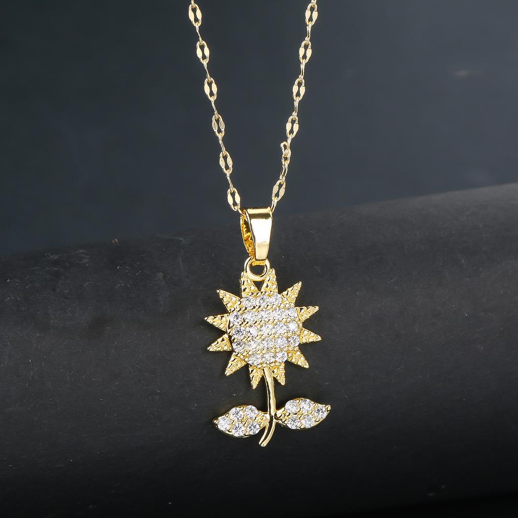 New Sweet Zircon Sunflower Pendant Necklaces for Women Stainless Steel Chain Jewelry Accessories Wedding Party Gifts