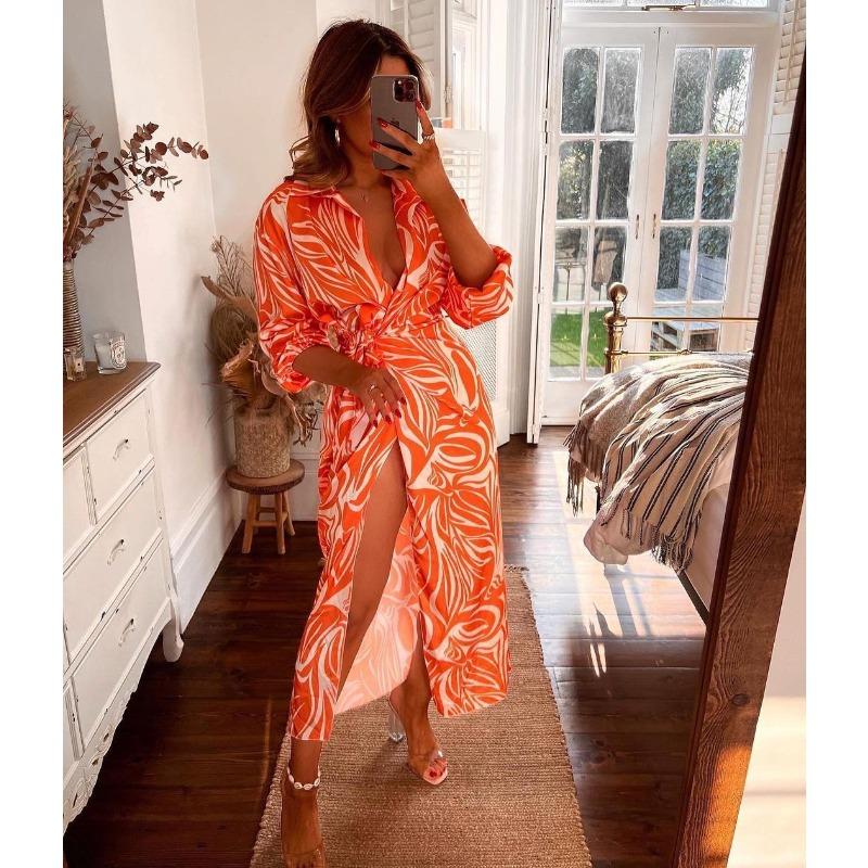 Frühlings- und Herbst-Damenkleid, modisch, bedruckt, Laternenärmel, Krawatte, Schlitz, Revers, Explosion, Farbkollision, mittellange Kleider