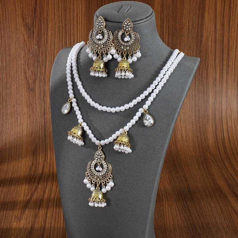 Double-layer Pearl Tassel Bell EarringsNecklace Set Courtly Style Jewelry