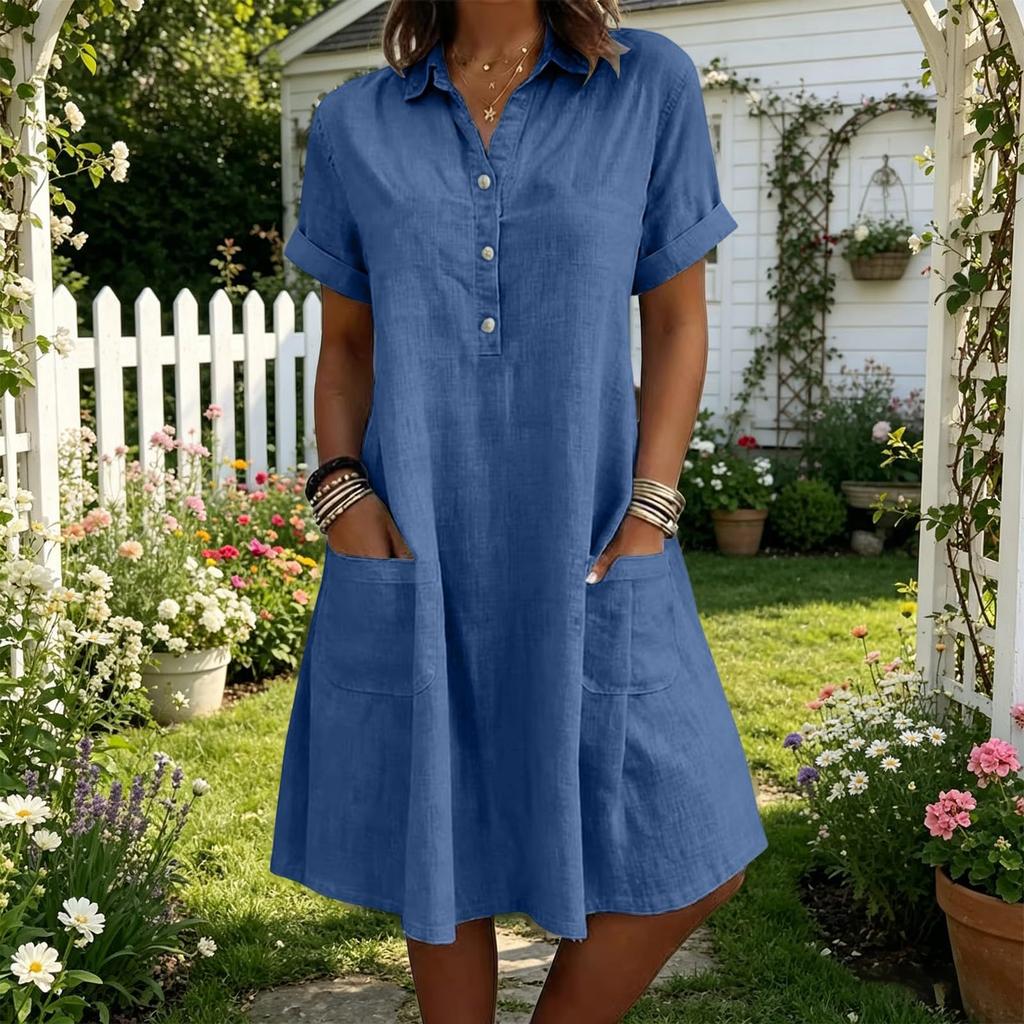 Women Casual Loose Fit Short Sleeve Dress with Lapel Collar Button Front and Pockets Comfortable Summer Dress