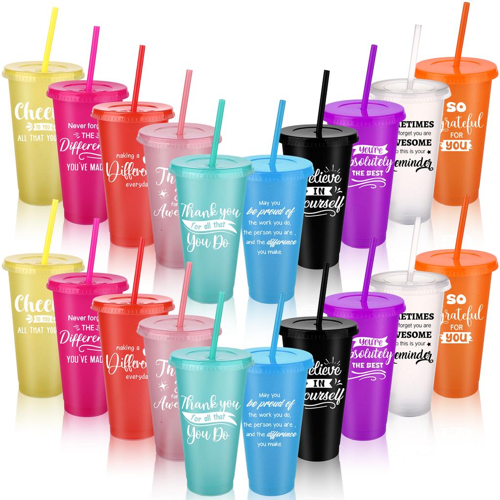 20 Unidades Copos Agradecimento Atacado 24 Oz Copos de Plástico Inspiradores Glitter Copos Reutilizáveis Com Palha E Tampa Água Café Gelado B