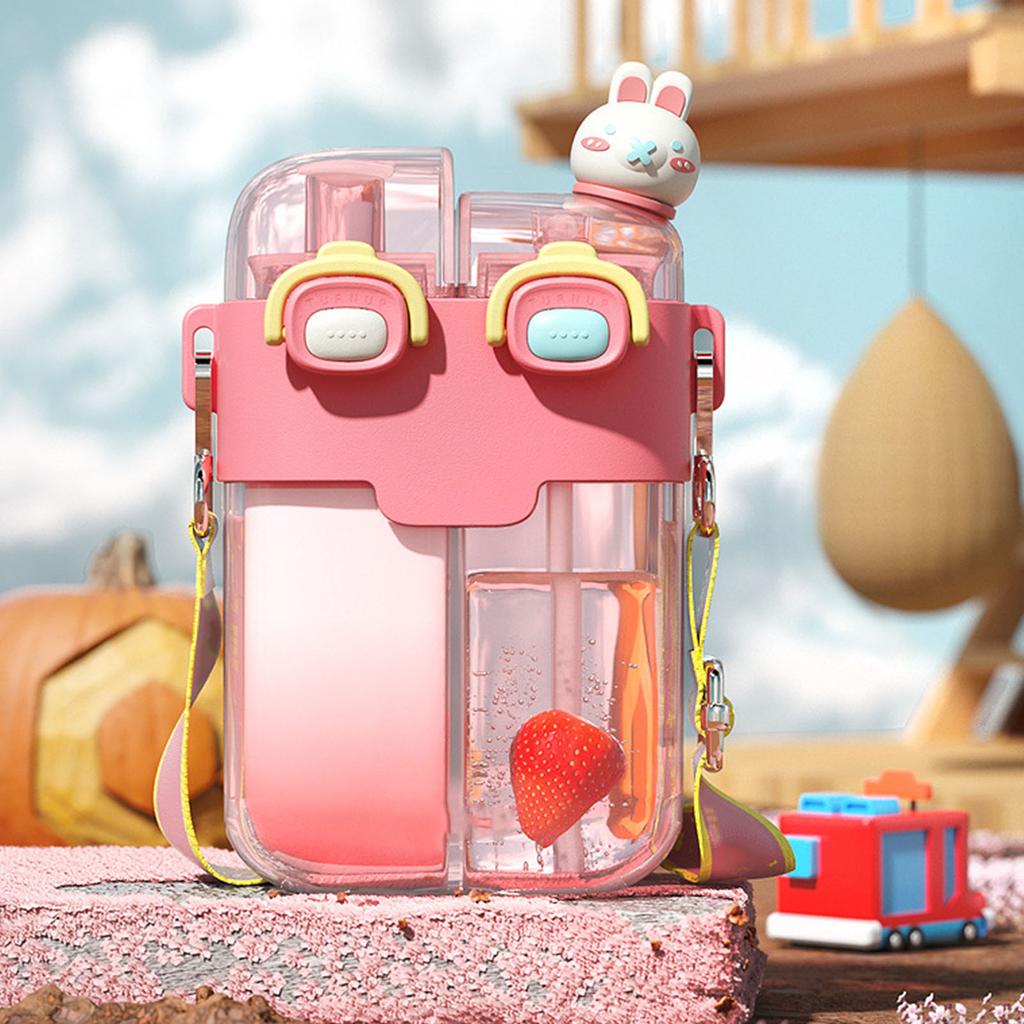 Kawaii Wasserflasche Mode Plastik Doppel Trinkwasserflasche mit Stroh Halteriemen für
