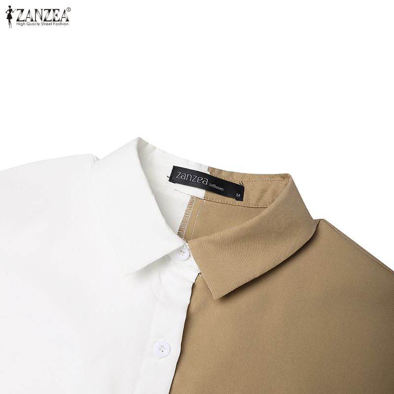 ZANZEA Women Casual Turn Down Collar Loose 3/4 Sleeve Patchwork Shirt Dress