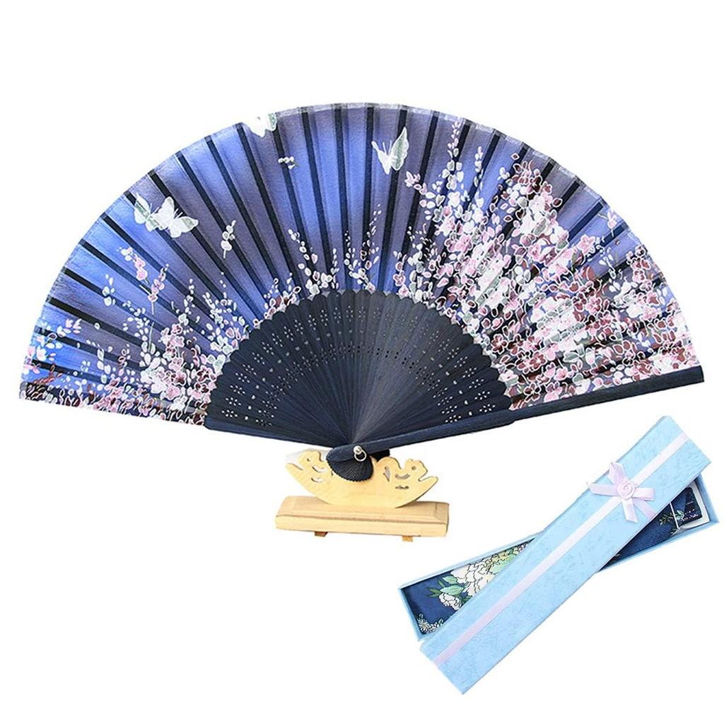 Jinchuan Folding Fan with Fan Bag and Gift Japanese Style Silk Folding Fan with Japanese Cherry and Butterfly Kimono for Women and Gift Blue Women's