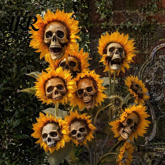 Fun Halloween Garden Accessory Sunflower Skull Ornament, Theme Decor, Potted Outdoor Spooky Planter Plant Waterproof Decoration, for Lawn