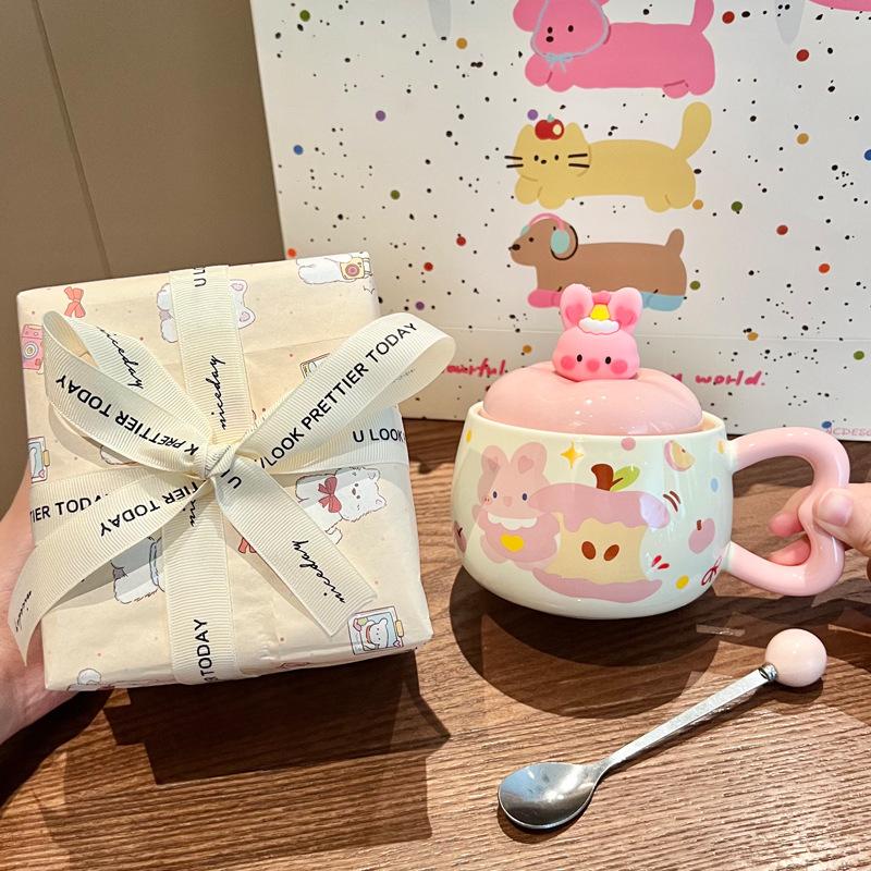 Apple Puppy Water Cup Super Beautiful Rabbit Ceramic Cup with Lid Spoon Couple Mug for Girls' Birthday Gift