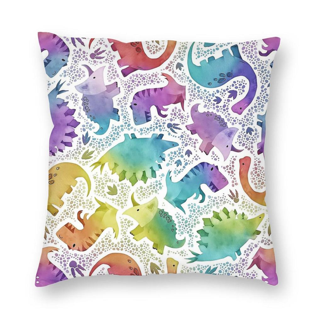 Watercolor Dinosaur Rainbow Square Pillowcase Polyester Linen Velvet Creative Zip Decorative Pillow Home Cushion Cover