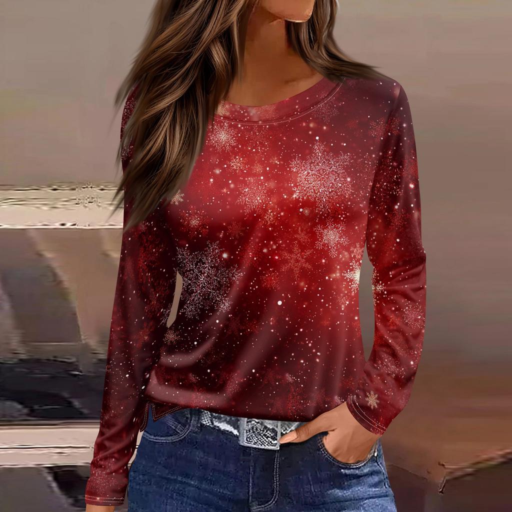 Women's Fashion Casual Slit Hem Round Neck Long Sleeve Loose Printed T-Shirt Ladies Top Christmas