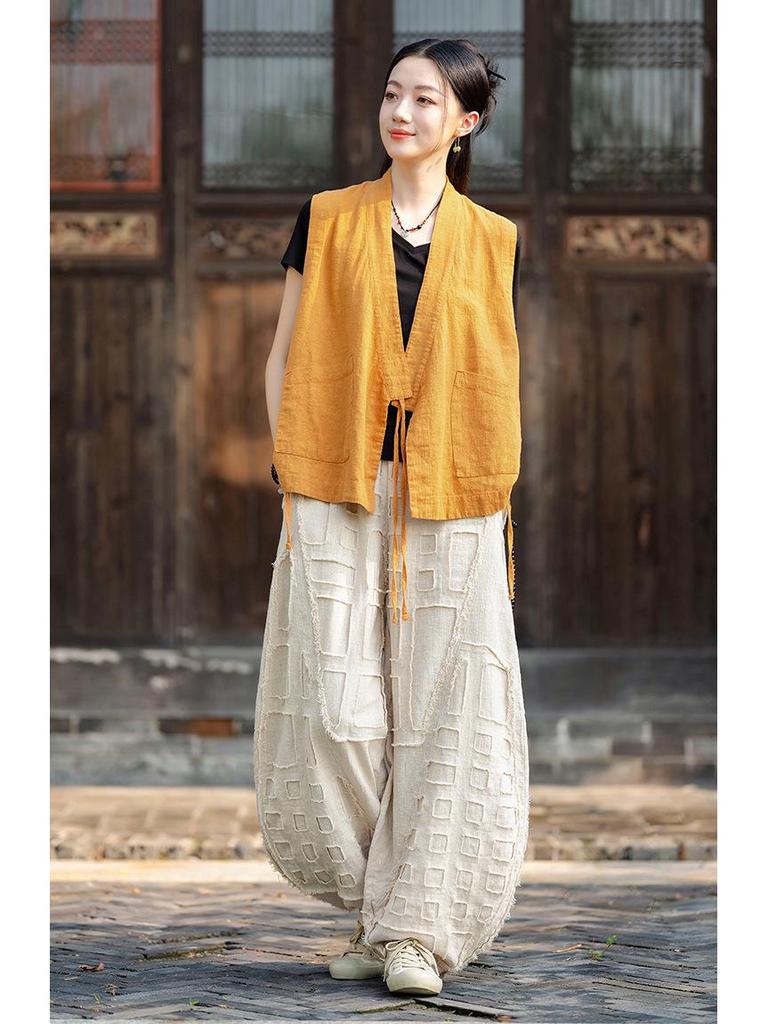 Unisex Boro-Style Linen Lantern Pants with Raw Edges for Meditation - Wide Leg & Autumn-Inspired Design