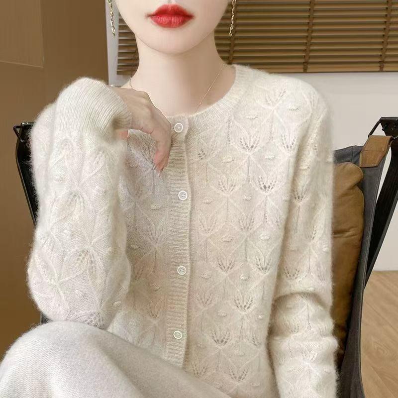 Autumn Women's High-Quality Knitted Wool Cardigan - Round Neck, Hollow-Out Jacquard Design, Loose Fit.