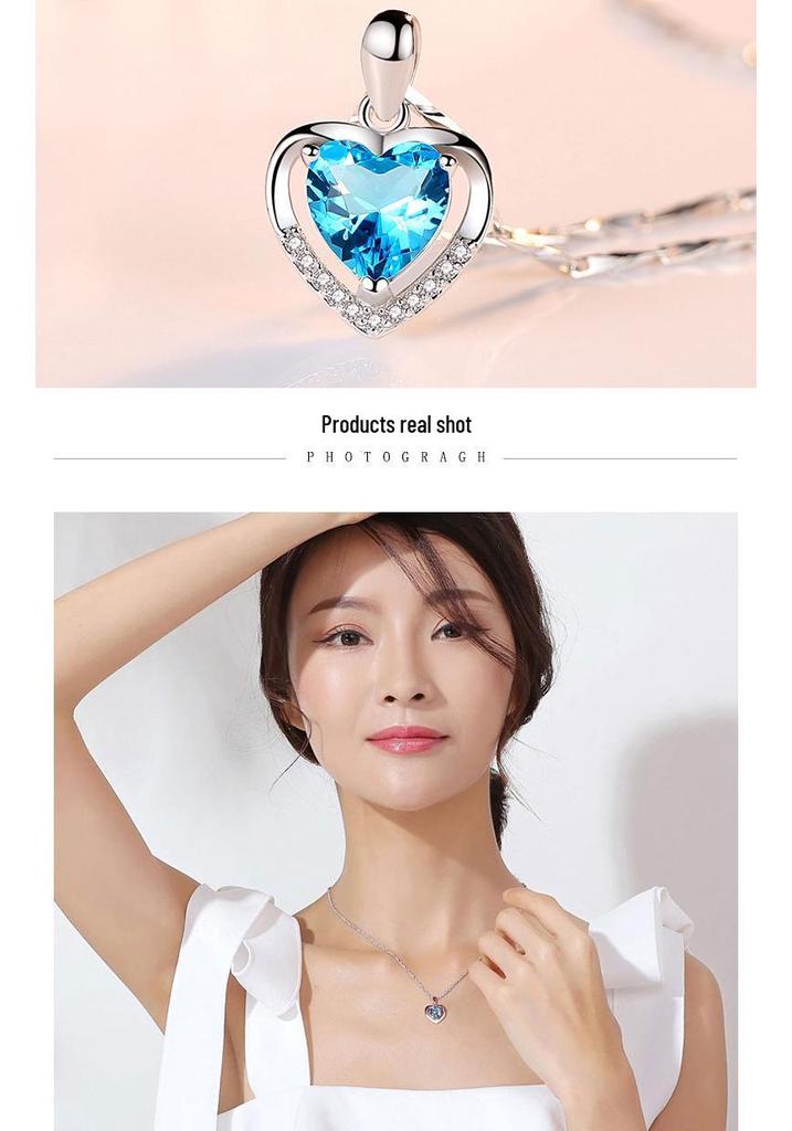 S925 Sterling Silver Ocean Heart Pendant Necklace with Rhinestones – Light Luxury Fashion for Women