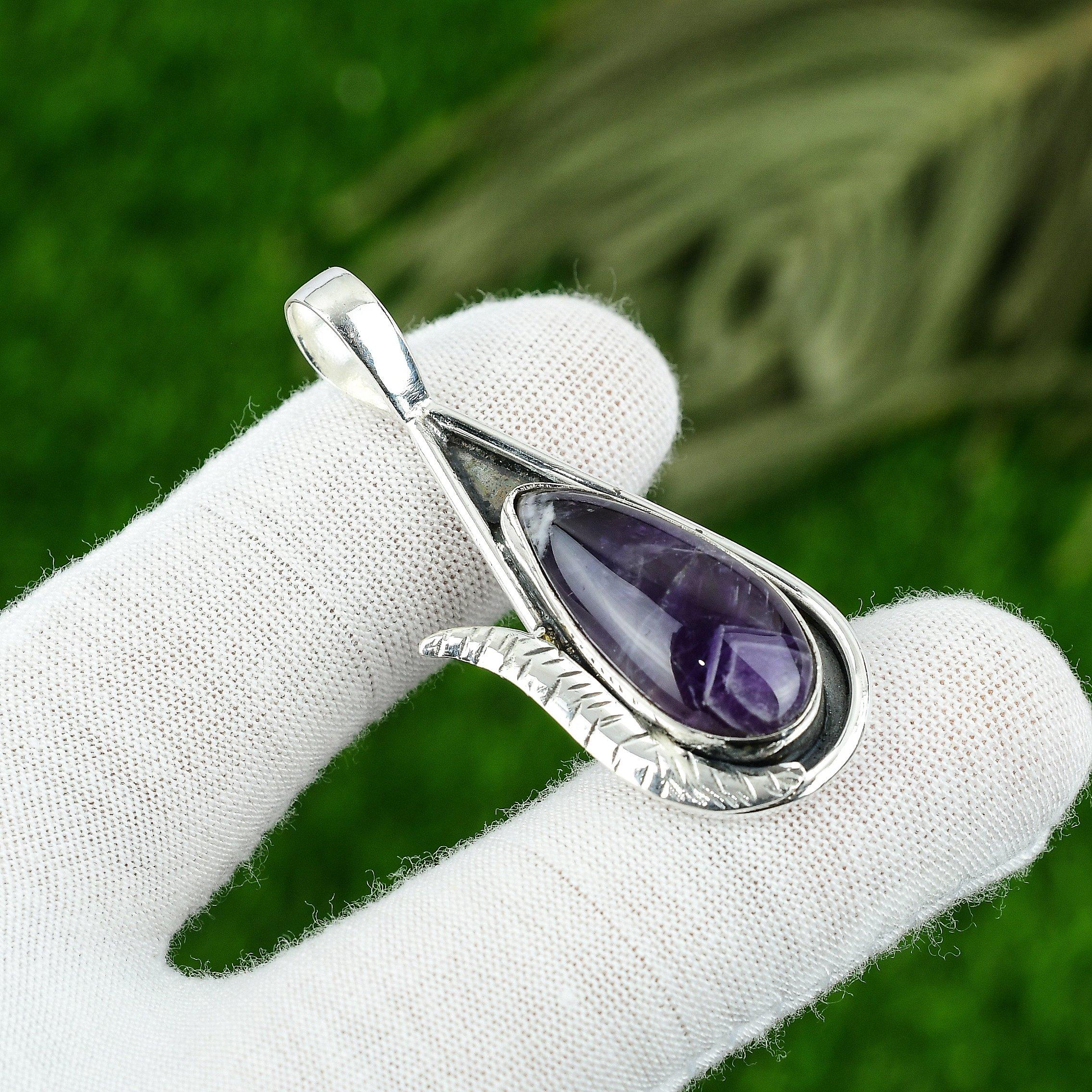 

Pear Natural Chevron Amethyst 925 Silver Bezel Handcrafted Trendy Unique Pendant