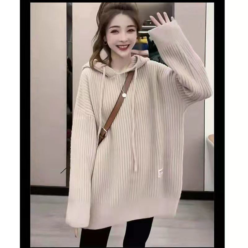 Women's Hooded Sweater Sweatshirt Mid To Long Style Pullover Sweater Knitted Top Autumn and Winter