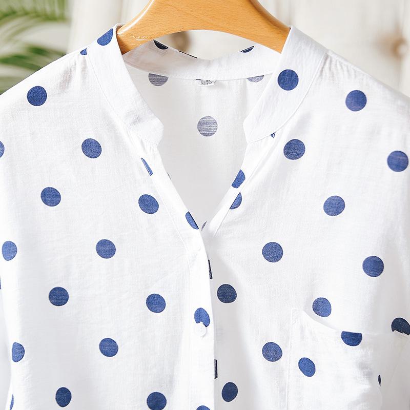 Blusa de Manga Corta con Lunares, Cuello en V y un Bolsillo para Mujer en Verano Último Estilo Literario para Ir al Trabajo Blusa para Mujer