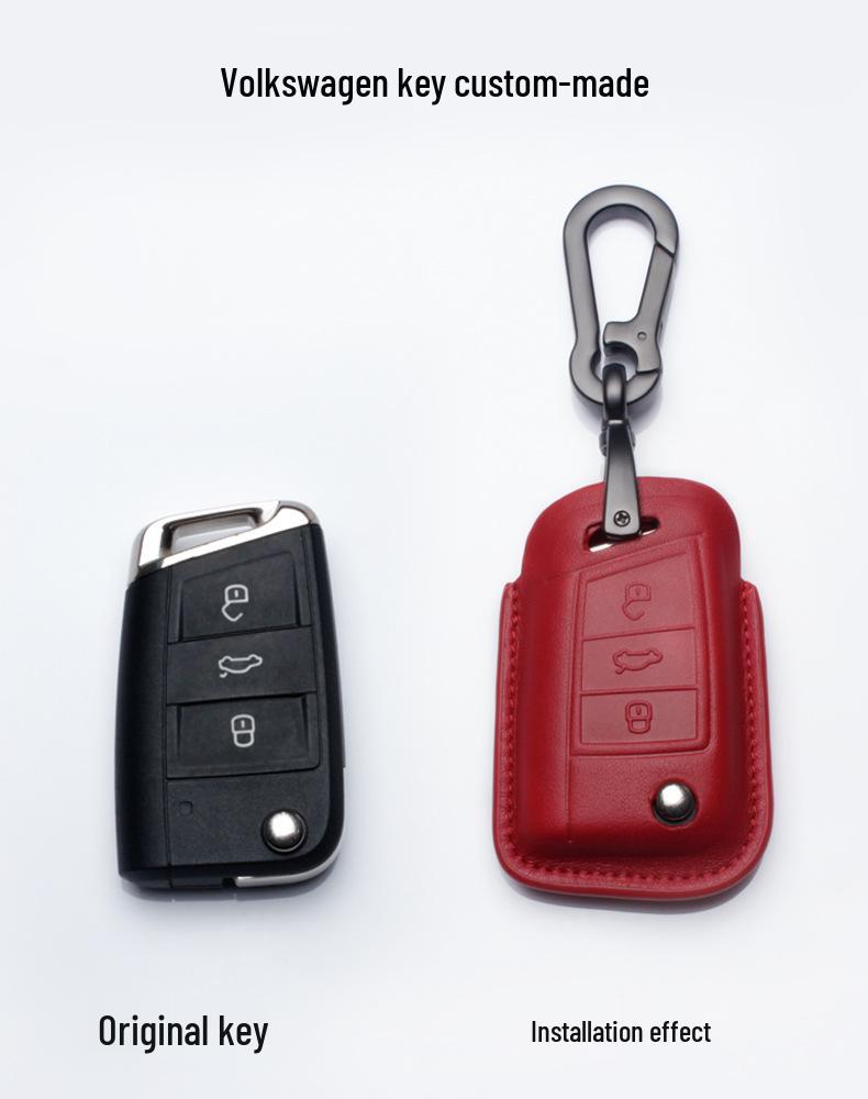 Genuine Leather Key Case for Volkswagen Sagitar, Lavida, Tiguan L, Lamando, Bora - 3D Full Wrap & One-Button Start.