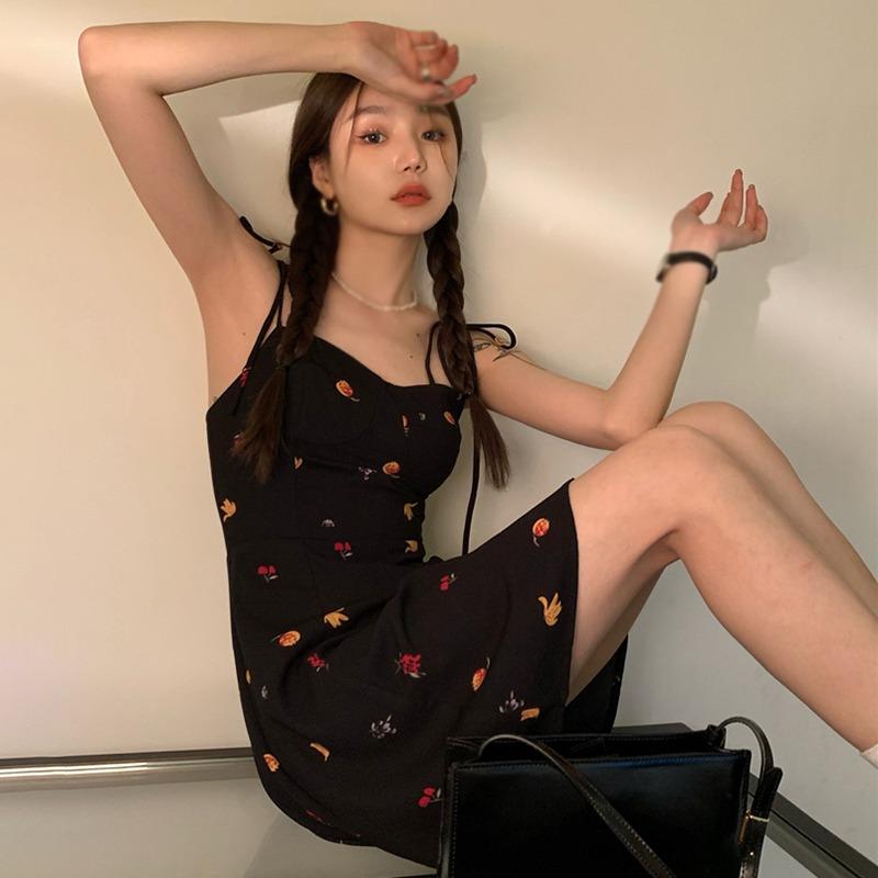 Women Dress Sling Dress Low Cut Hips Print Ultrashort Suspenders