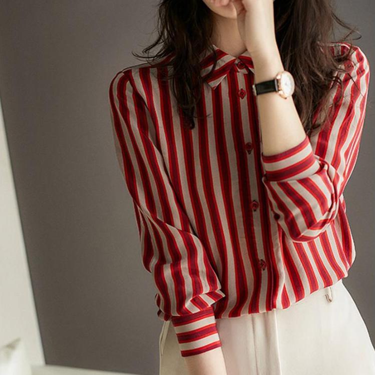 

Красная полосатая рубашка женская весна-осень французский стиль топ темперамент базовая рубашка 3XL