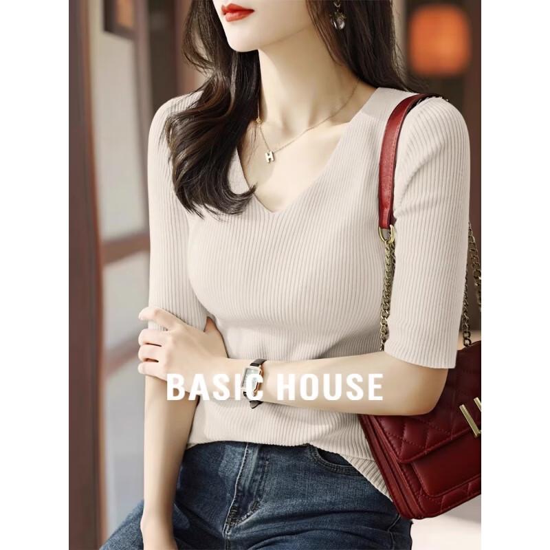 Basic House Women s V-Neck Knitted Five-Sleeve Top L