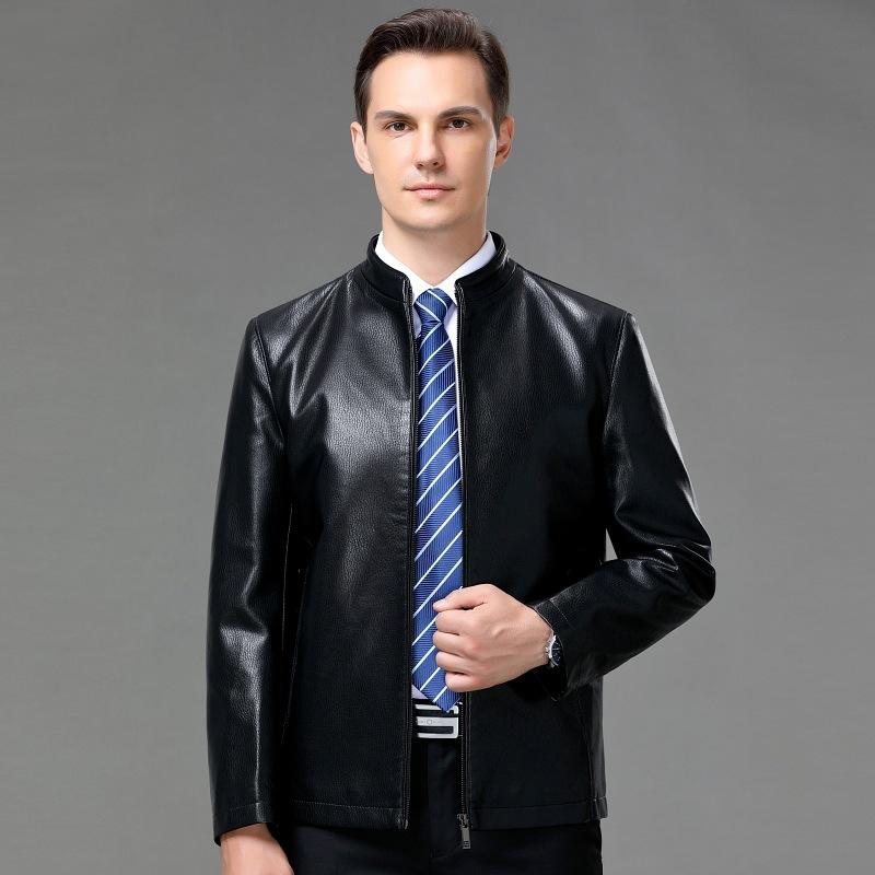 Spring, Autumn and Winter New Men's Leather Jackets, Middle-aged Men's Casual Slim Business Stand-up Collar Sheepskin Jackets Thick Coats