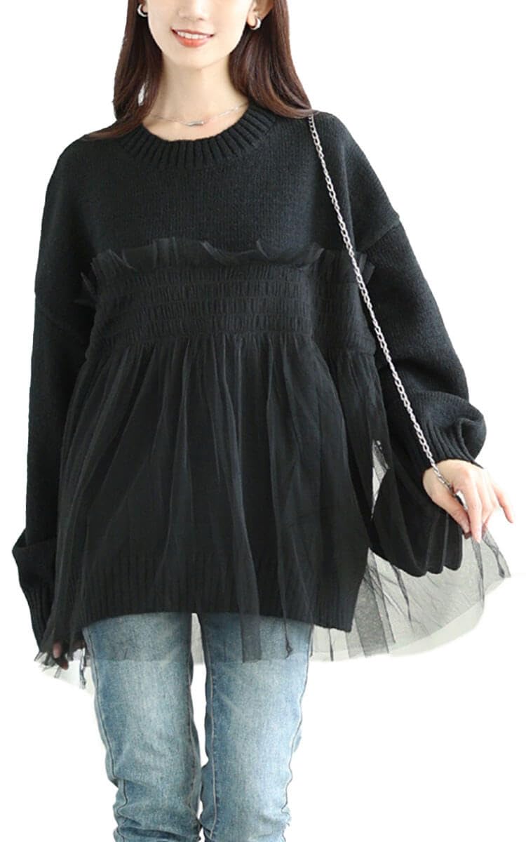 

[Gold Japan] Plus Size Women s Knit Top, Long Sleeve, Tulle Panel, Bustier, Flared, Loose Fit, Solid Color, Autumn, Winter, Spring, sum-0013, 3L,