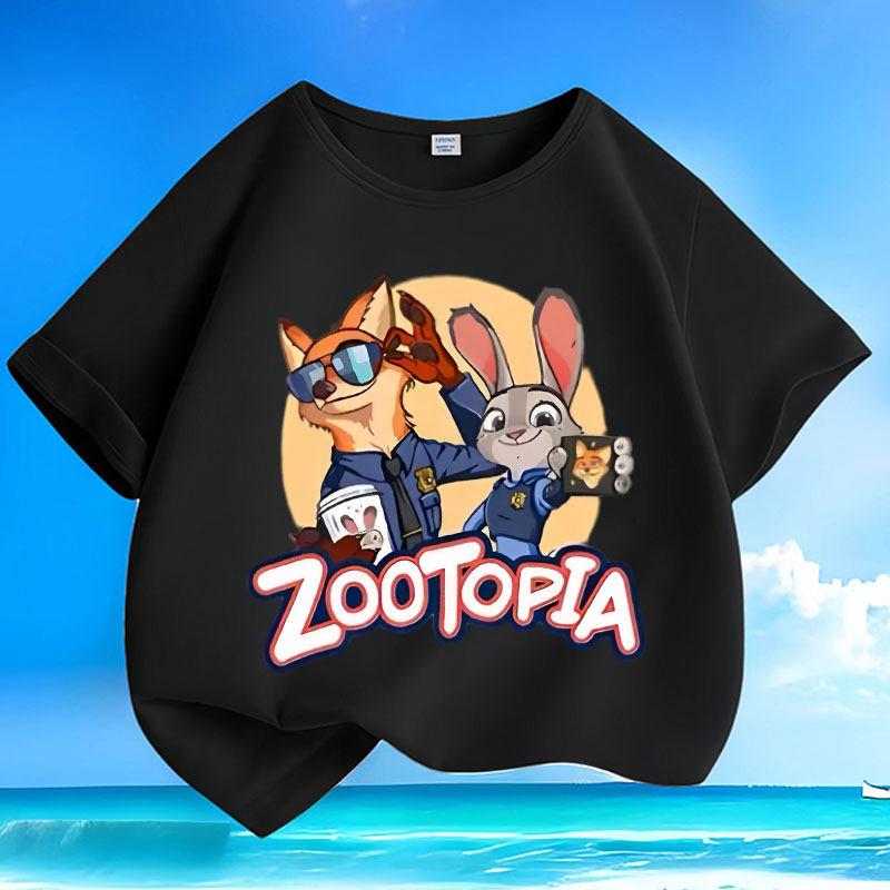 Disney Zootopia Judy Police Officer Pattern Print Versatile Casual Summer Children's Short Sleeved Trendy Round Neck Loose Top