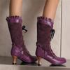 Women Sexy Lace Up Mid-Calf Heel Boots Vintage Gothic Lace High Heel Boots Victorian Steampunk Cosplay Autumn Boots Shoes 34-48