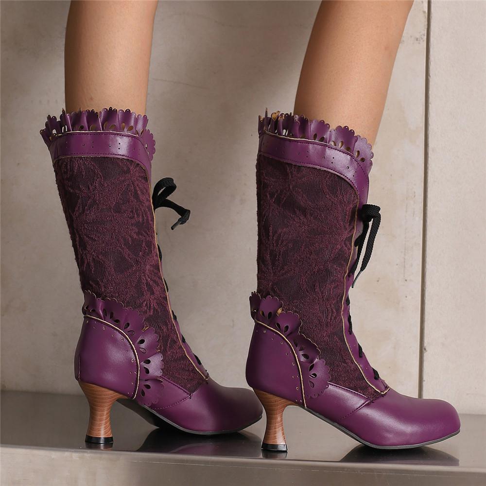 Women Sexy Lace Up Mid-Calf Heel Boots Vintage Gothic Lace High Heel Boots Victorian Steampunk Cosplay Autumn Boots Shoes 34-48