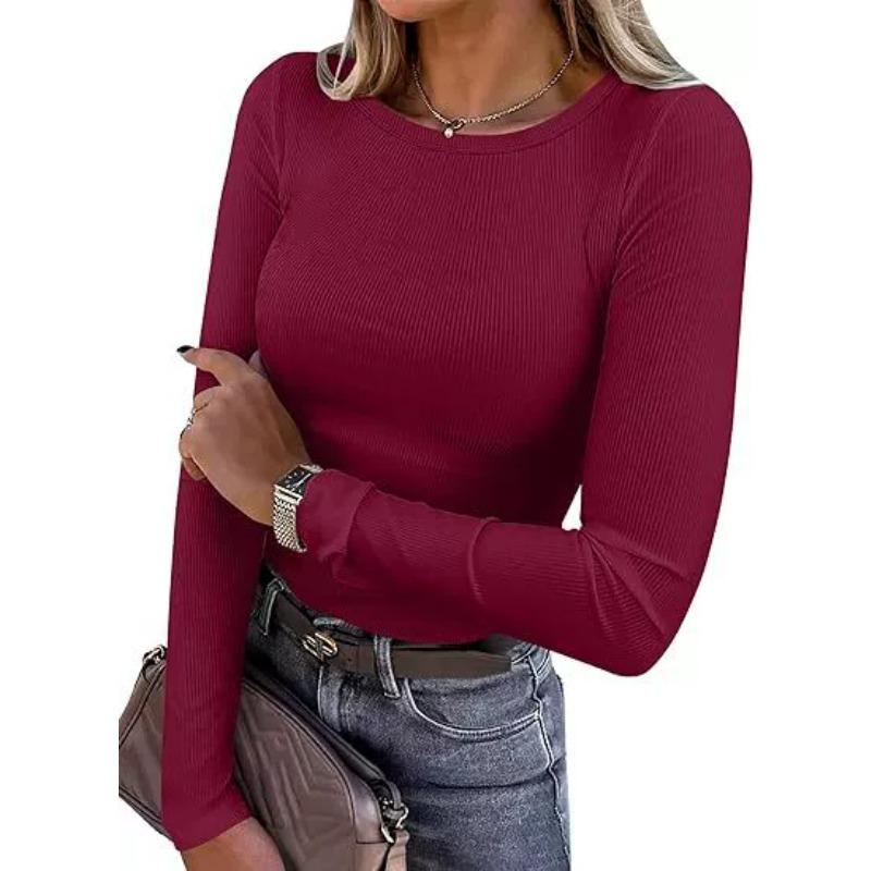 Women's  Slim Bottom T-shirt Fashion Casual Solid Color V-Neck Pullover Long Sleeve Top