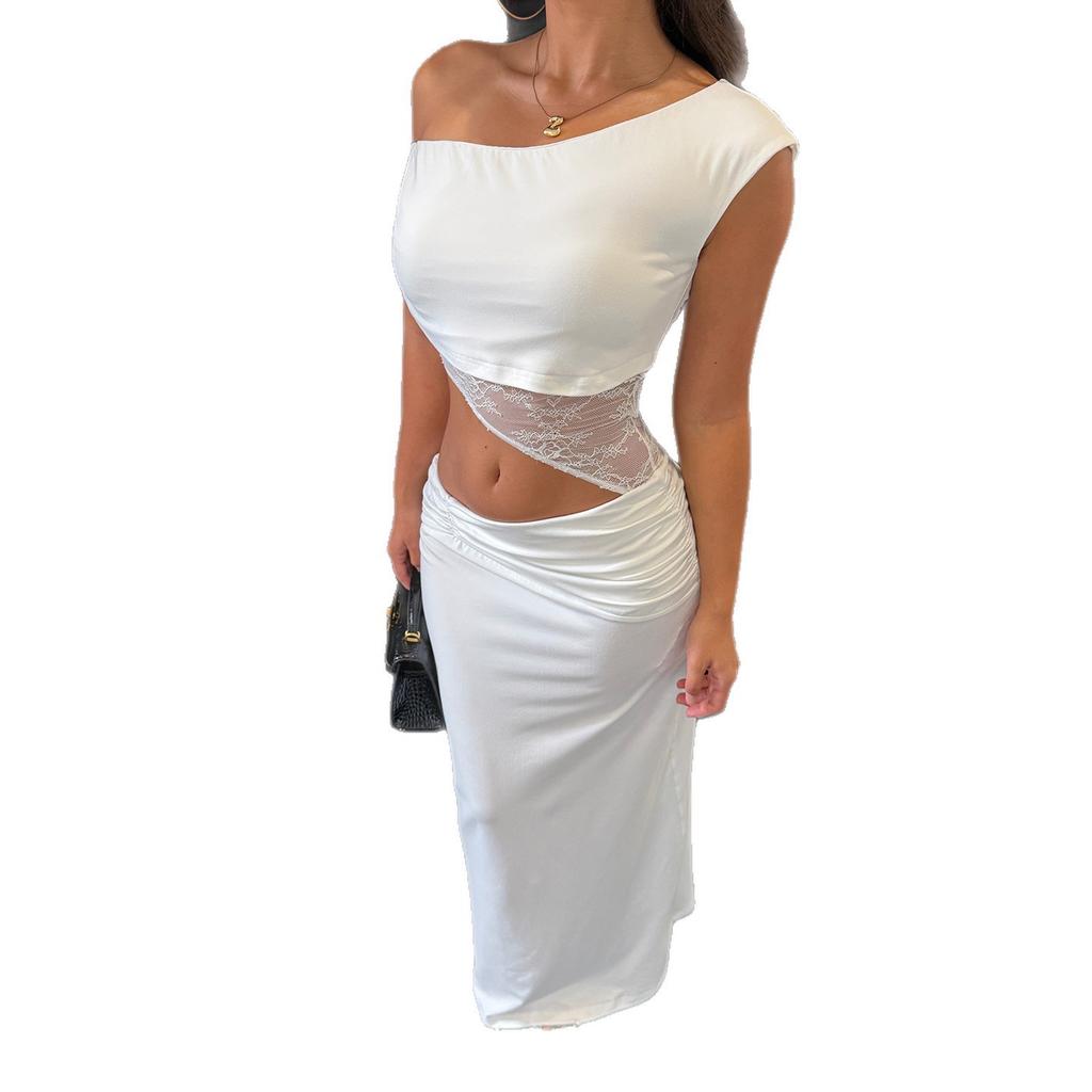 Pure desire wind one-word shoulder lace splicing hollowed-out waist pleated hip-wrapped long dress light and mature wind perspective sexy dress