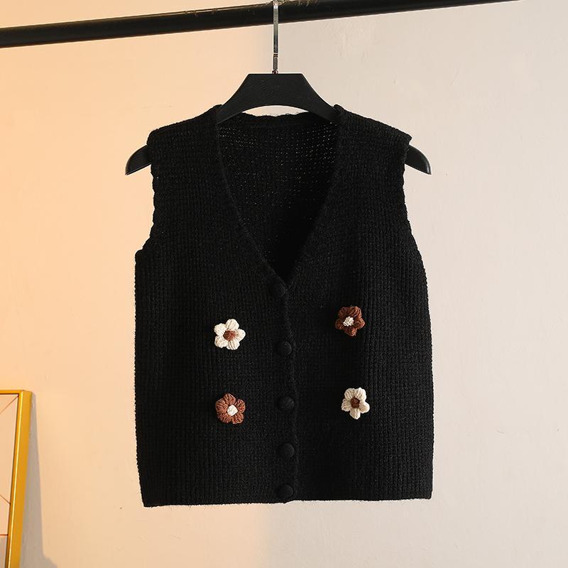 Handgefertigte gestrickte Weste mit Blumenapplikationen, modischer V-Ausschnitt, ärmellose kurze Strickjacke für Frühling und Herbst