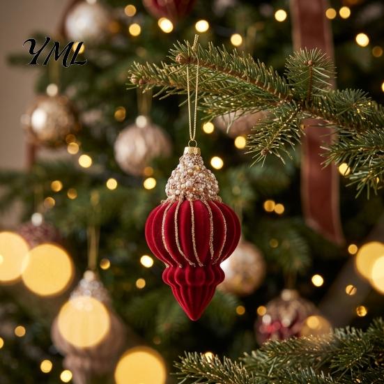Indoor Christmas Tree Ornament Set Flocked Ornaments with Gold Edging, Retro Red Velvet Hanging Soft Flocking Fabric Holiday Decor Decoration,