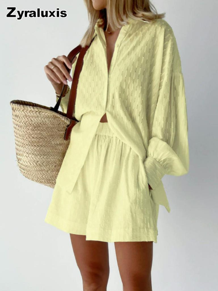 Spring/Summer Women's Lace Trim Bubble Sleeve Top Set with Shorts Casual Fashion Outfit
